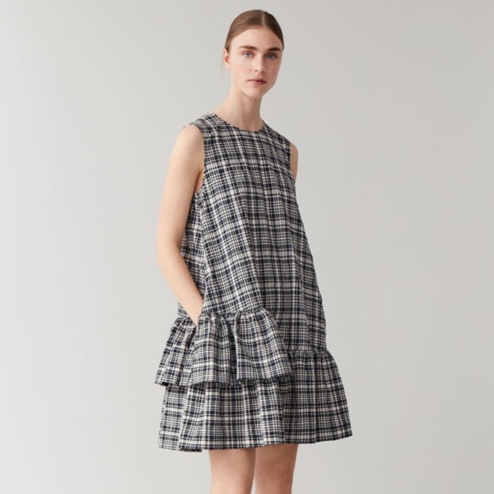 New COS Navy + White Gingham Seersucker Sleeveless Tiered Dress 2